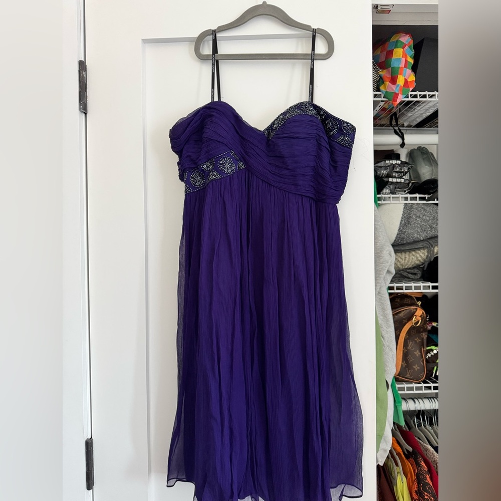 Vintage Silk Maggy London Purple Beaded Strapless Dress, US 12
